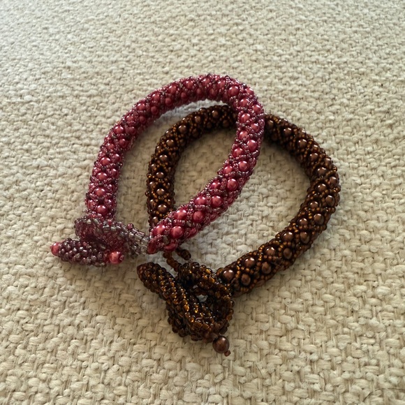 Jewelry - Handmade Brown & Berry Pink Beaded Bracelets Set of 2 Boho Stretch